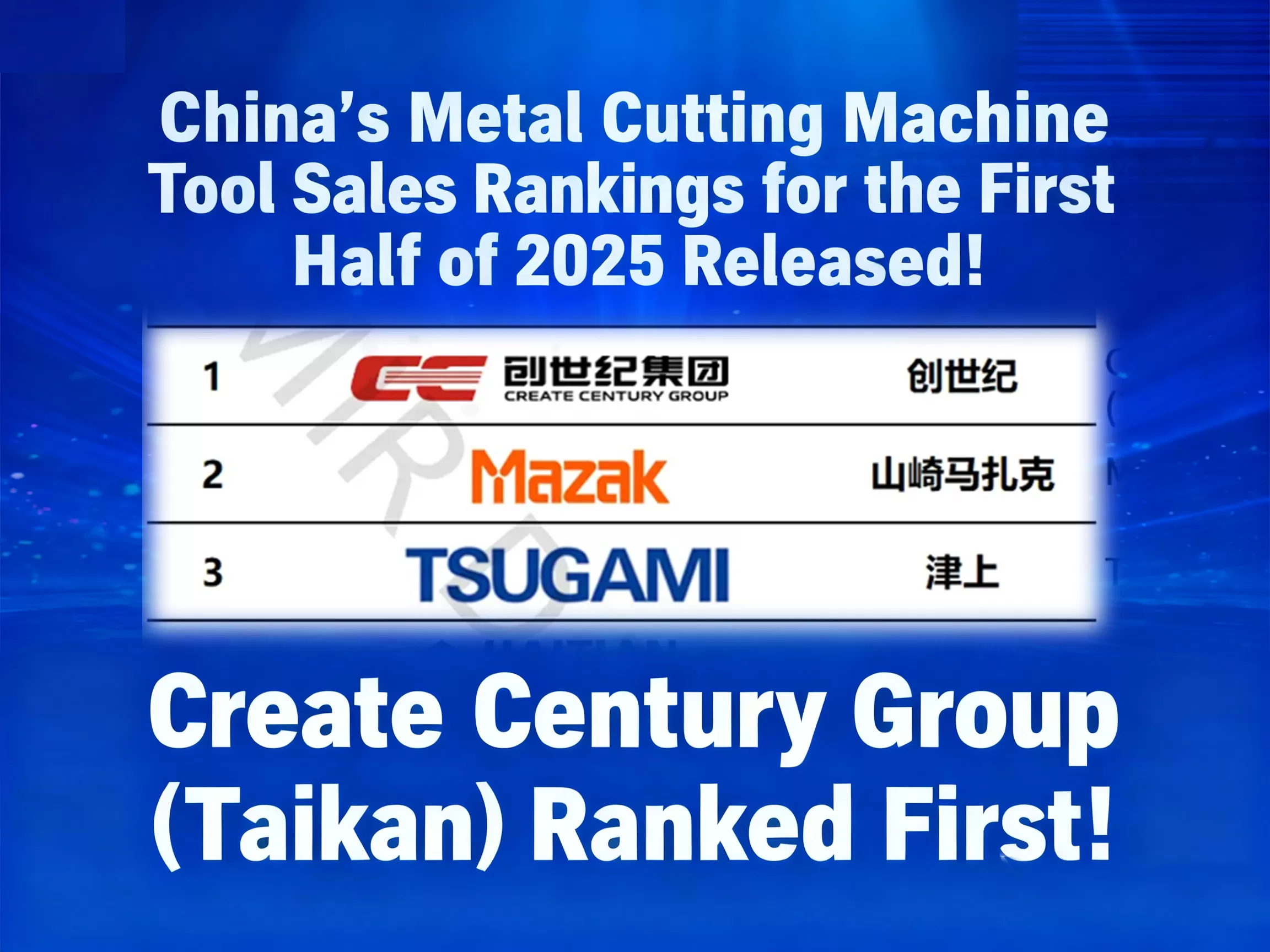 Create Century (Taikan) guida la classifica delle entrate delle vendite di macchine utensili per taglio dei metalli in Cina nella prima metà del 2025